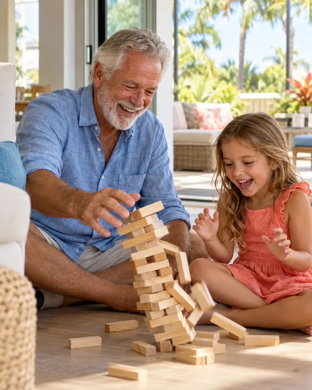 A grandfather in his sixties laughing on the living room floor as a block tower tips over beside his granddaughter, a sunny Florida lanai behind them.