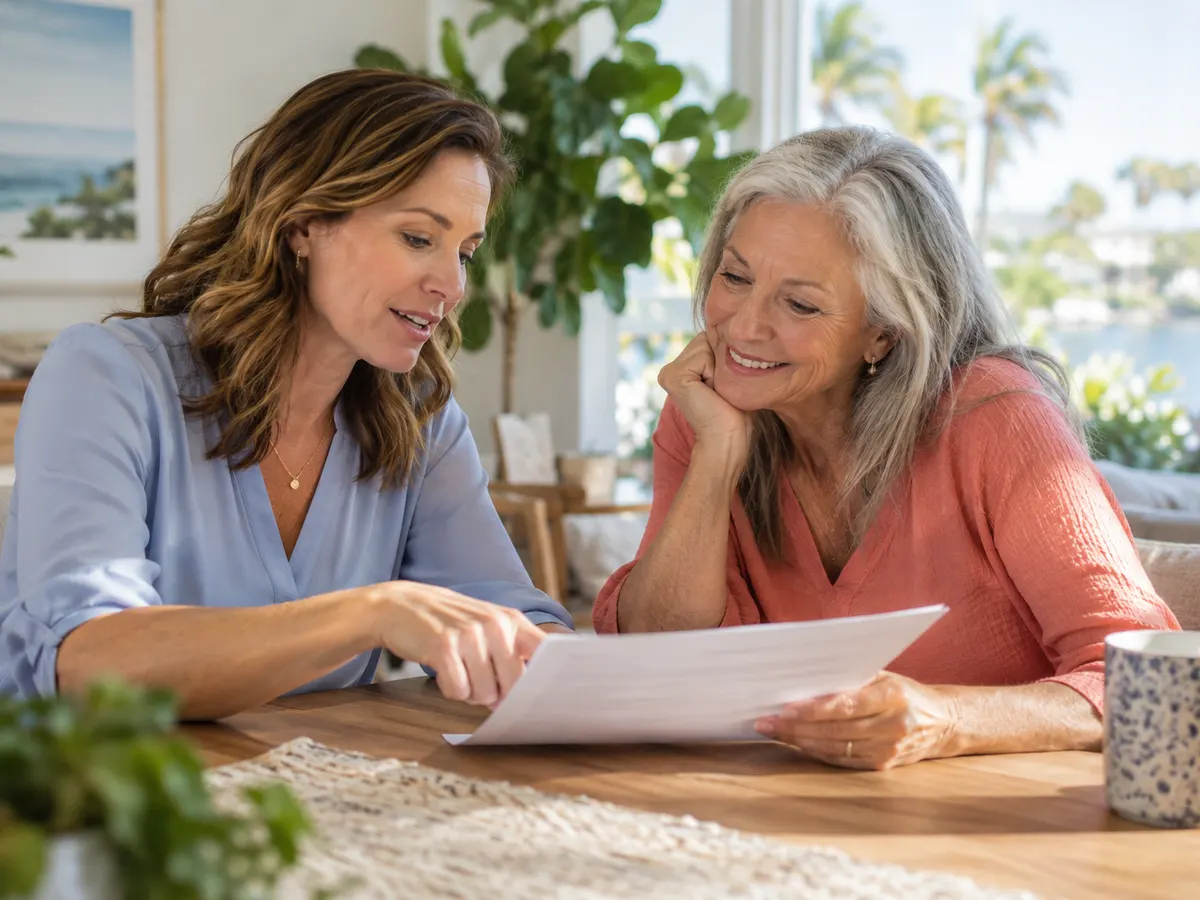 A clinician and a woman in her sixties reviewing advanced lab results together on a printed page at a sunny table.