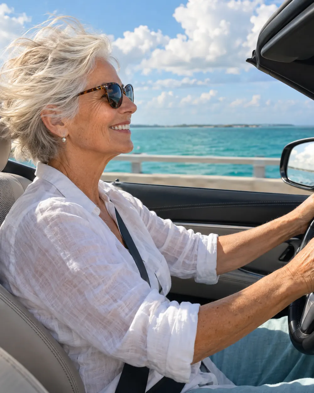 A woman in her seventies with silver hair smiling behind the wheel on a Florida causeway, turquoise water beyond the window.
