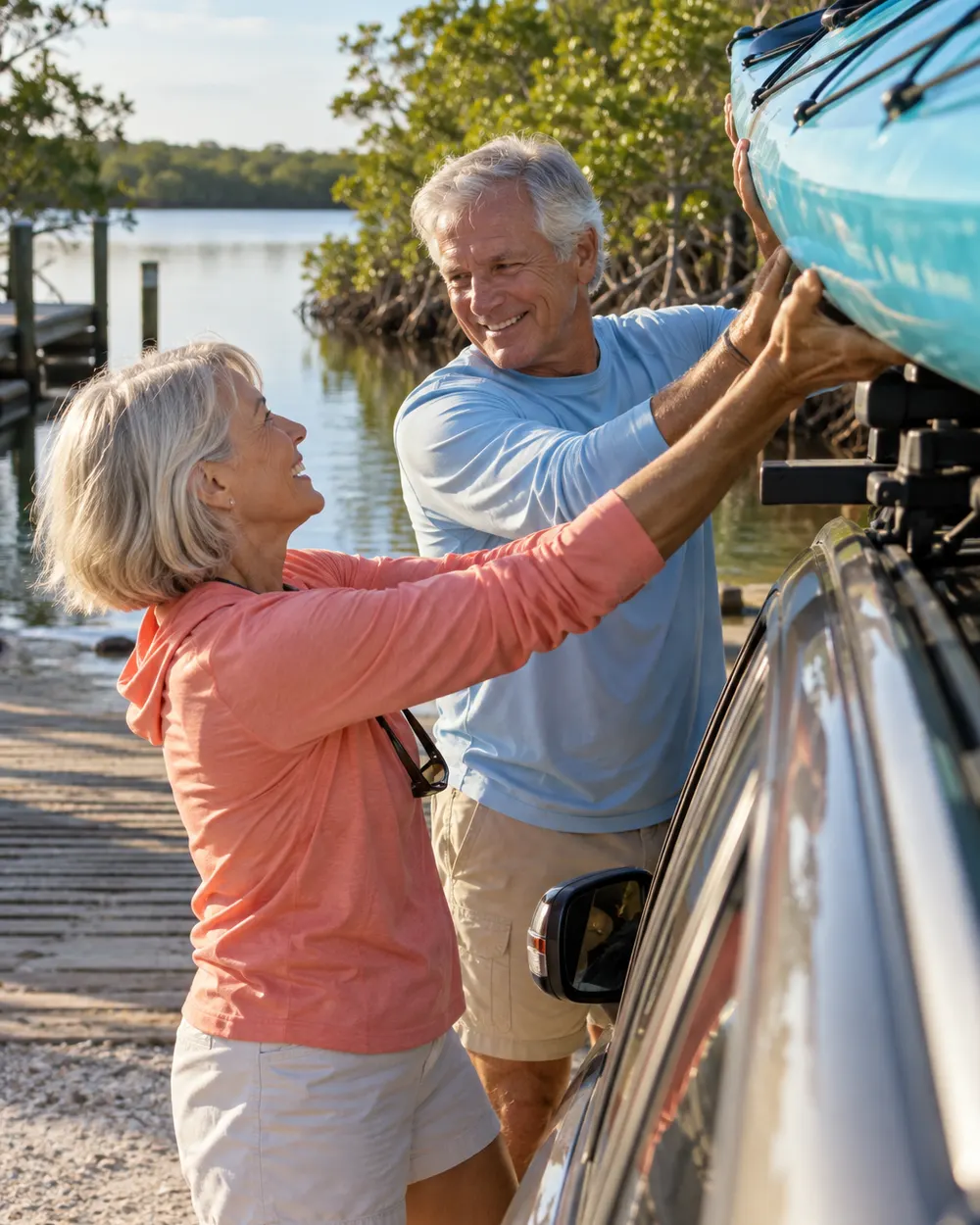 A couple in their sixties lifting a kayak onto their car roof at a mangrove launch in the early morning, smiling at each other.