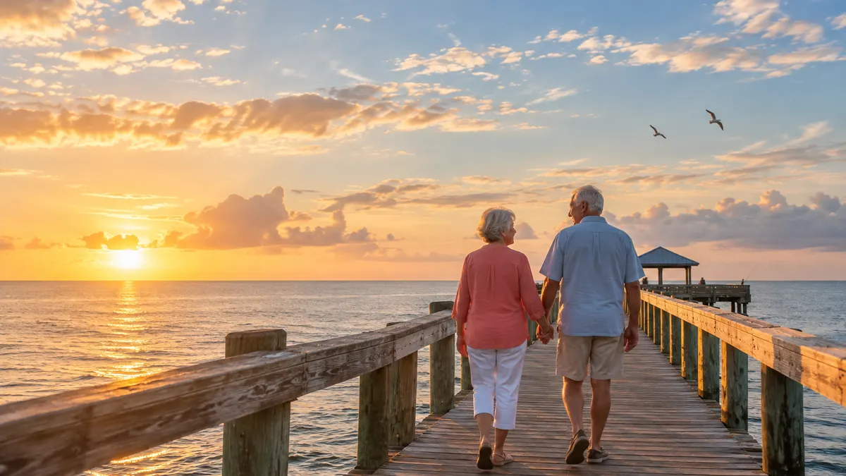A couple in their seventies walking hand in hand toward the end of a Gulf fishing pier at golden hour.